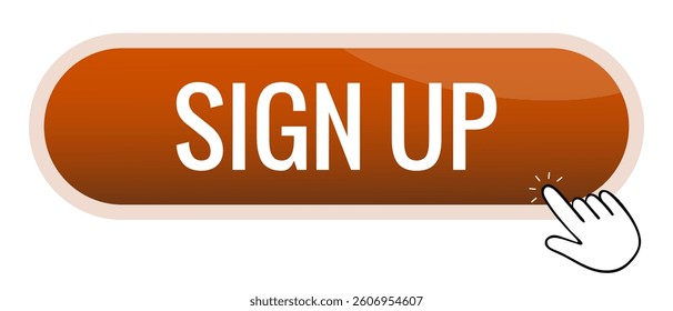Button set icon. Gold interface button with hand pointer and bold text Sign Up indicates call-to-action, registration form, interactive UI, account creation, online joining.