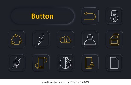 Button set icon. Refresh, lightning, cloud upload, user, lock, microphone mute, rotate, document, memory card, person. Interface elements, functionality, tech operations concept.