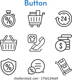 Knopfeinstellung. inklusive 24 Stunden, Geld, Chat, Einkaufswagen, Anruf, Garantie, Stoppuhr, Warenkorb, Rollenkarte Icons. lineare Stile.