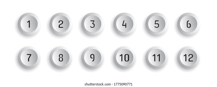 Button Set With Number Bullet Point From 1 To 12 - Vector Illustration - Isolated On White Background