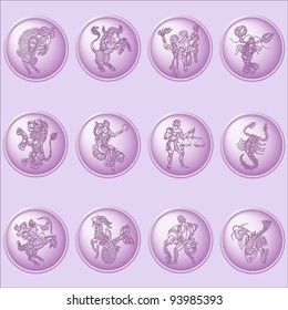 button set with signs of zodiac on pink background