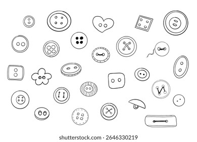 Button sewing item set hand drawn line doodle sketch. Plastic vintage cloth button collection. Various sewing tailor accessories.