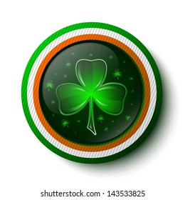 Button with shamrock inside and Irish flag outside. Vector illustration