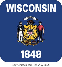 Button shaped printable vector flag of the United States of America federal state of WISCONSIN