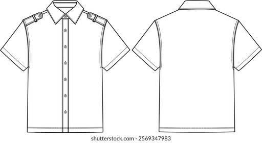 Men’s Button Up Shirt Short Sleeve with Epaulettes, sketch front and back, vectors