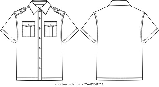 Men’s Button Up Shirt Short Sleeve with Epaulettes and chest pockets, sketch front and back, vectors