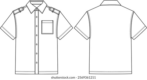 Men’s Button Up Shirt Short Sleeve with Epaulettes and chest pocket on wearer left side, sketch front and back, vectors