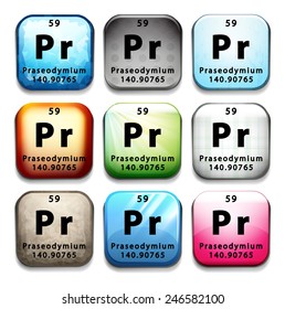 A button showing the element Praseodymium on a white background