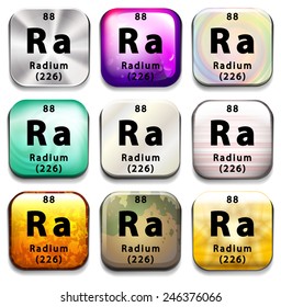 A button showing the element Radium on a white background
