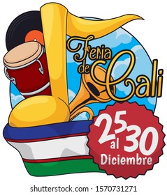 Button with sky view and instruments to be played during Feria de Cali (written in Spanish), vinyl record that gather the salsa collectionist, flag and label with the date for this fair.