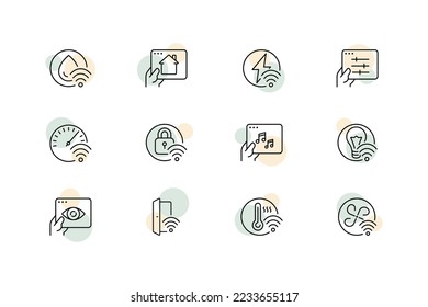 Button for smart house set icon. Surveillance camera, humidity, website, power control, slider, doors, protection, ventilation, air conditioning, ventilation, temperature. Vector line icon
