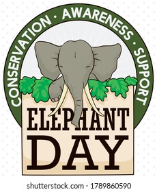 Button with smiling elephant inside of it, holding a greeting message and promoting conservation, awareness, support and efforts during Elephant Day.