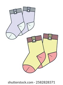 Button socks for babies vector illustration technical flat drawing by adobe illustrator.