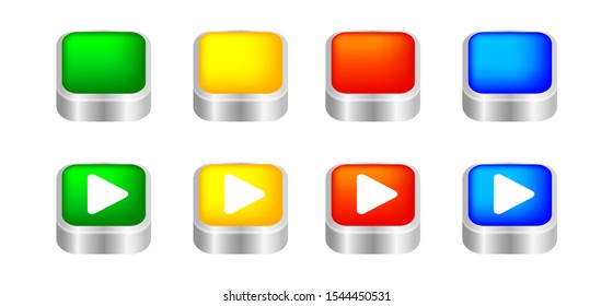 button square 3d shape for buttons games play isolated on white, colorful modern buttons simple and convex, sphere button flat style icon sign for application play, buttons play for website and app