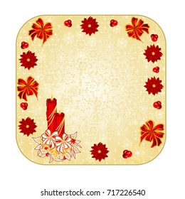Button square Christmas decoration snowflakes with  a candlestick  red bow and poinsettia vintage  vector illustration editable hand draw