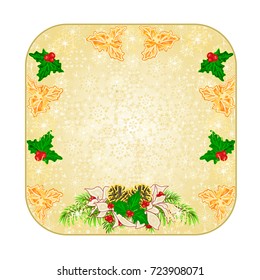 Button square  Christmas decoration snowflakes spruce with  white poinsettia and holly and pine cones  vintage  vector illustration editable hand draw