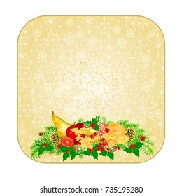 Button square Christmas decoration snowflakes with various fruit and pine cones and gold holly  vintage  vector illustration editable hand draw