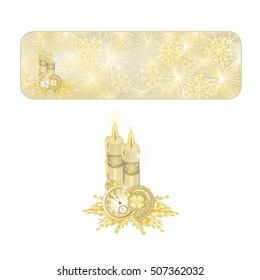 Button square New Year fireworks and candles and lucky symbols  gold background  vector illustration