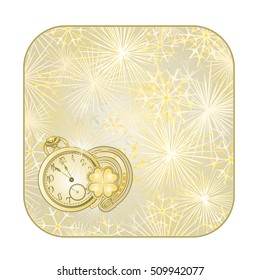 Button square New Year fireworks with watches and lucky symbols gold background  vector illustration
