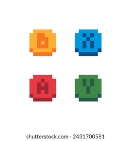 Button sticker, buttons set pixel art style icon, design for logo, web, mobile app, badges and patches. Video game sprite. 8-bit. Isolated vector illustration.  