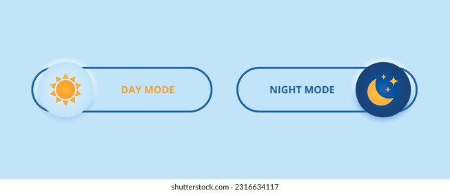 Button for switching between night and day application modes. Dark mode switch. Realistic vector illustration of frontend control on blue background