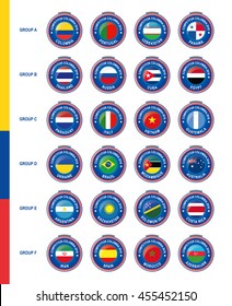 Button symbols of the participating countries to the final futsal tournament in colombia 2016