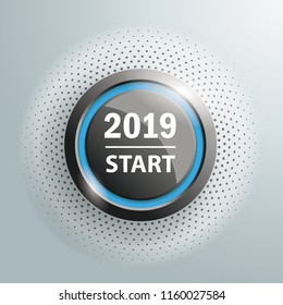 Button with text 2019 Start on the gray background. Eps 10 vector file.