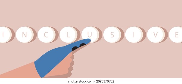 Button with text inclusive and finger. Flat vector stock illustration. The finger with the prosthesis presses the button. Hand of an invalid person. Disability, inclusiveness concept