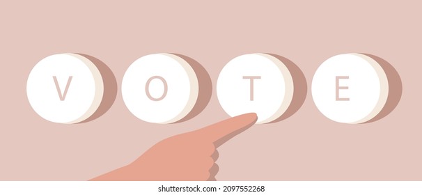 Button with the text VOTE. Flat vector stock illustration. The finger presses the button. Voter's hand. The concept of elections, referendum, voting. Vector graphics