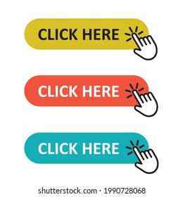 Button in three colors yellow, red, blue with a hand and an inscription click here, vector, label, button.