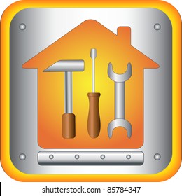button with tools - screwdriver, spanner and hammer in house