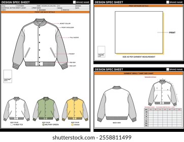 BUTTON VARSITY JACKET EASY EDITABLE EMPTY TECHPACK MEASUREMENT LAYOUT TEMPLATE DESIGN