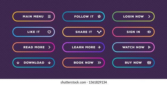 Button vector set neon line style with user interface icon isolated on transparent background for web site, ui, mobile app. Call to action icon button. Vector 10 eps