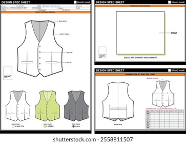 BUTTON WAISTCOAT VEST EASY EDITABLE EMPTY TECHPACK MEASUREMENT LAYOUT TEMPLATE DESIGN