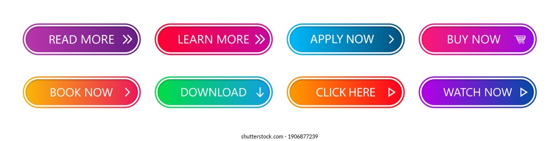 Button for web, ui. Call of action with design buttons. Gradient Icons for read more, download now, website shop. Modern material elements for internet links. Menu for app, graphic navigation. Vector.