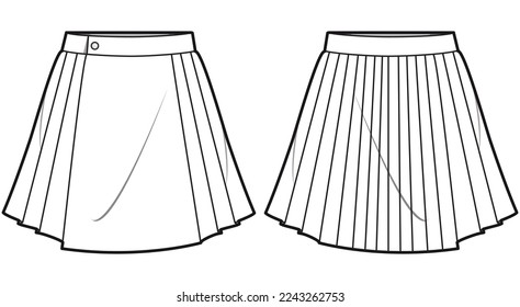 Button wrap kilt Skirt flat sketch fashion illustration drawing with front and back view, Pleated Mini skirt design cad  vector  template