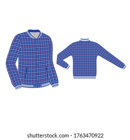 The button-down bomber model for school children, students, gentlemen or sports teams is made of a checkered fabric with a blue background. Front and back view of the jacket. vector illustration