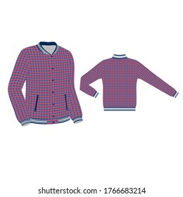 The button-down bomber model for school children, students, gentlemen or sports teams is made of red and blue checked fabric with a gray background. Front and back view of the jacket