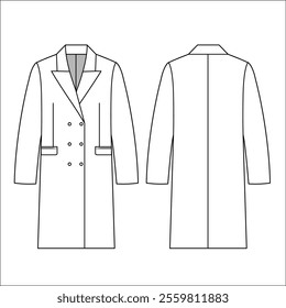 Buttoned double breast long sleeve long coat jacket template technical drawing flat sketch cad mockup fashion.