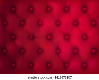 Buttoned leather background. Red elegant fabric quilted texture with symmetric sewn buttons. Seamless pattern, furniture trim sample, wallpaper, luxury ad backdrop. Realistic 3d vector illustration