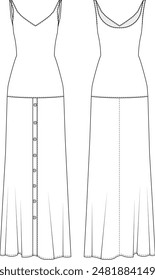 buttoned maxi long flared a line dress with straps template technical drawing flat sketch cad mockup fashion woman design model style