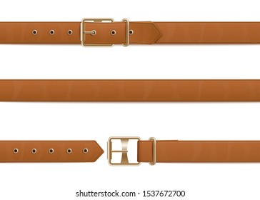 Buttoned, open and closed brown leather belt with metal buckle. Set of realistic brown belts with buckles, fashion accessories and clothes elements. Isolated vector illustration.