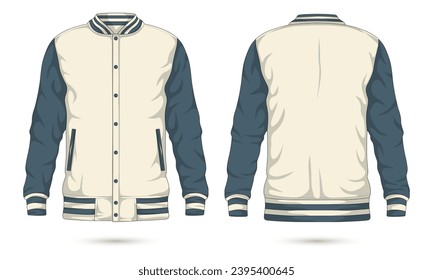 Buttoned varsity jacket mockup front and back view. Vector illustration