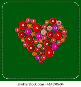 Button-heart. Background picture. Red to green. Plastic buttons sewn with white thread. Vector Image.