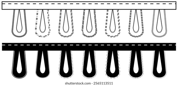 Buttonhole flat sketch vector illustration set, different types of buttonholes for stretch fabric, thick and thin fabric, button holes for pocket, denim, shirt, dresses, garments and Clothing