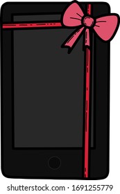 Buttonless touchscreen mobile phone with gift ribbon with bow. The device for calls, conversations. Cartoon, color flat vector illustration. Isolated on a white background.