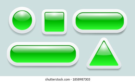 Buttons 3D green and white set, shiny glass collection vector icons.