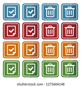 Buttons with approved documents icon and garbage can icon. Vector illustration isolated on white background. (4 colors)