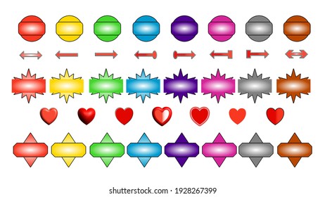 Buttons arrows and hearts of various colors and shapes