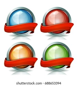 Buttons And Badges With Ribbons, Illustration of a set of buttons icons and badges with red banner